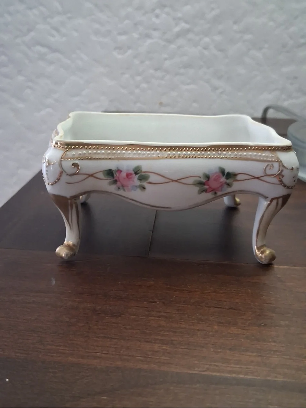 Porcelain Hand Painted Rose Motif - White and Gold trinket box or soap dish